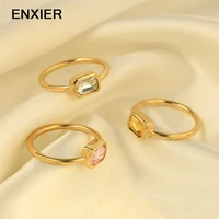 enxier fashion simple white pink yellow square zircon ring for women trend stainless steel luxury ring ladies party jewelry