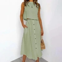 2pcsset crew neck side pockets single breasted casual outfit solid color short vest midi skirt set female clothing