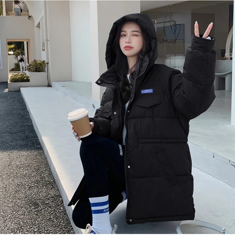 Winter Down Cotton-Padded Jacket Women Overcoat Korean Loose Long Thick Bread Clothing Hooded Lace-Up Warm Parker Female Outwear