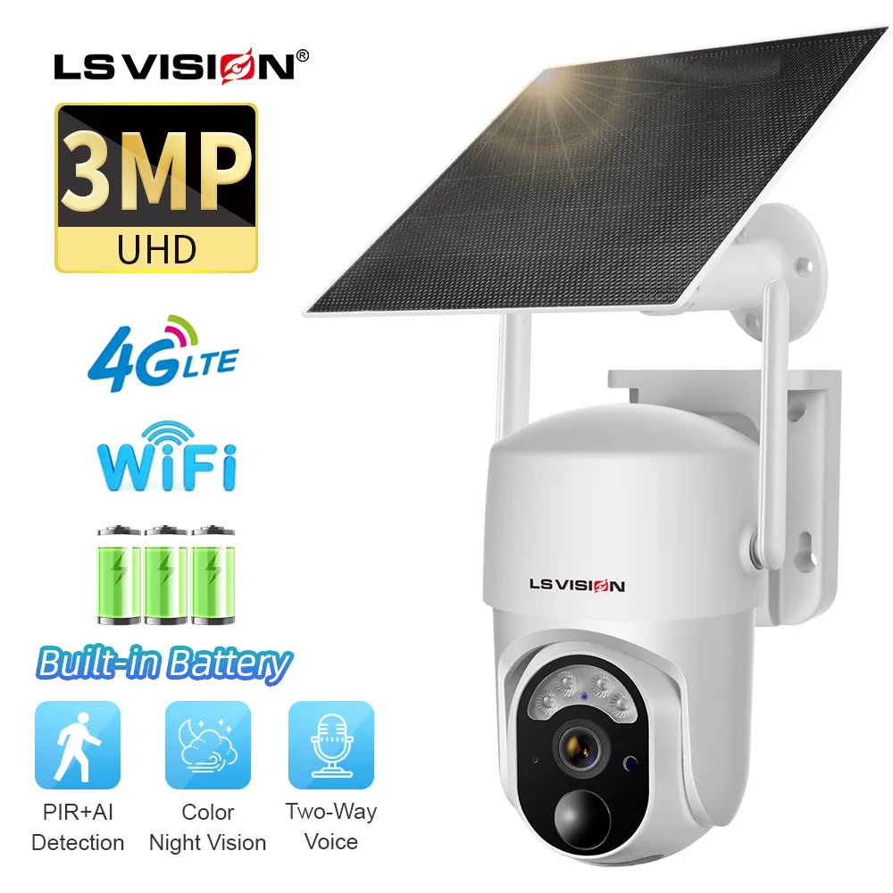 

LS VISION 5W 4G Solar Camera 3MP UHD WiFi Outdoor PIR Human Detection Wireless Surveillance IP Cameras with Rechargeable Battery