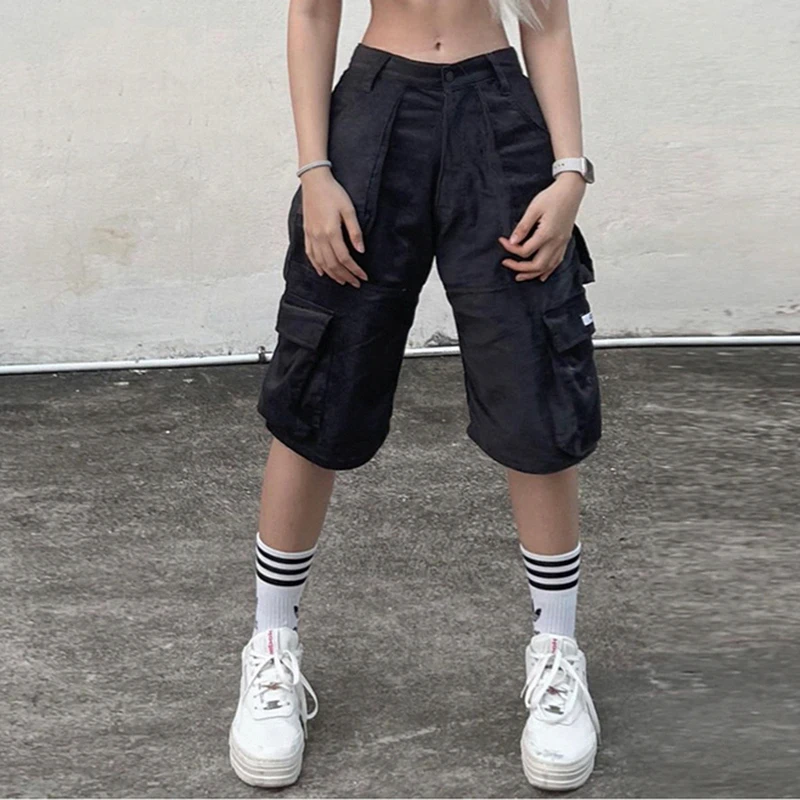 Darlingaga Streetwear Black Multi Pockets Basic Cargo Shorts Women Casual Baggy Summer Shorts Outfits Mid-Pants Straight Capris