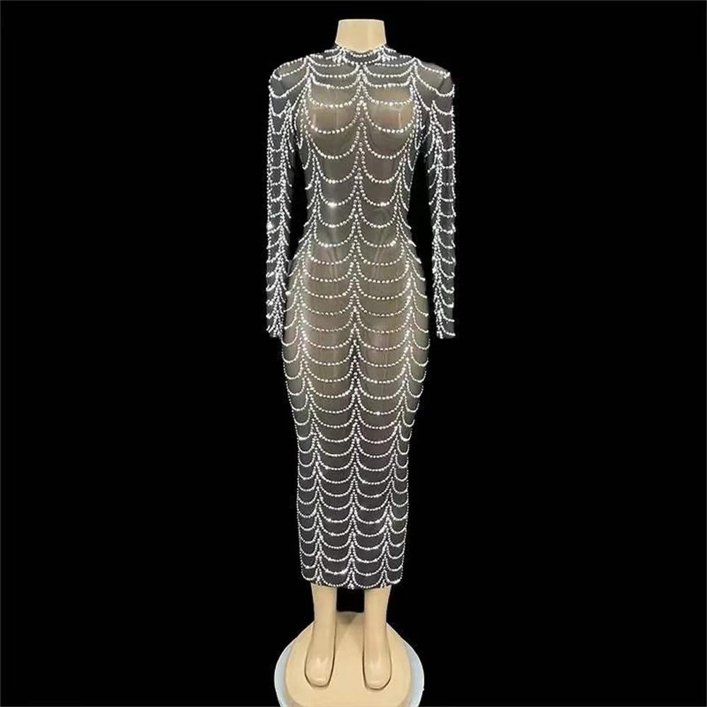 

Black Perspective Shining Rhinestones Sexy Women Long Dress Party Club Clothing Stage Prom Singer Performance Costumes