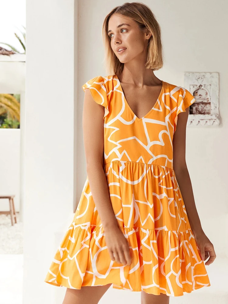 

Jastie Boho Printed Short Dress Women V-neck Butterfly Sleeves Loose Large Skirt Orange Dress Summer Casual Female Dresses