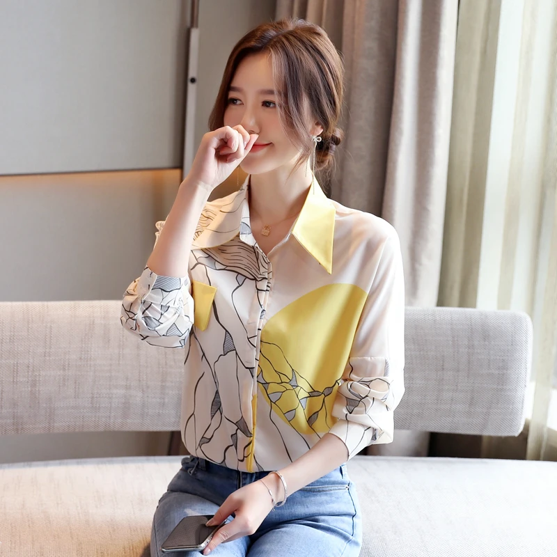 

Silk Satin Loose Women's Shirt New Fashion Blouses Casual Long Sleeve Buttons Flowers Polo Summer Clothing Lady Houthion