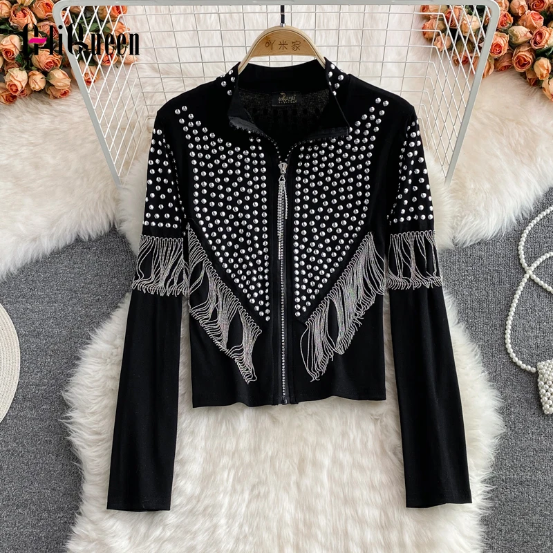 

Spring Fall Streetwear Women Stand Collar Hand-studded Rivet Tassel Chain Jeans Jacket Veste Femme Loose Hip-hop Cardigans Coats