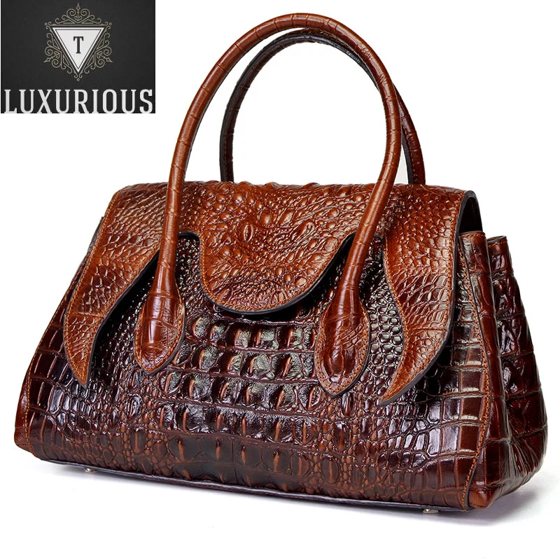 

Women Shoulder Top Handle Bags Crocodile Pattern Retro Briefcase 100% Genuine Oil Wax Leather Cross Body Messenger Tote Handbag