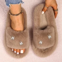 winter warm female faux fur slippers fluffy soft bowknot bear platform shoes home slides for women fashion casual flip flops