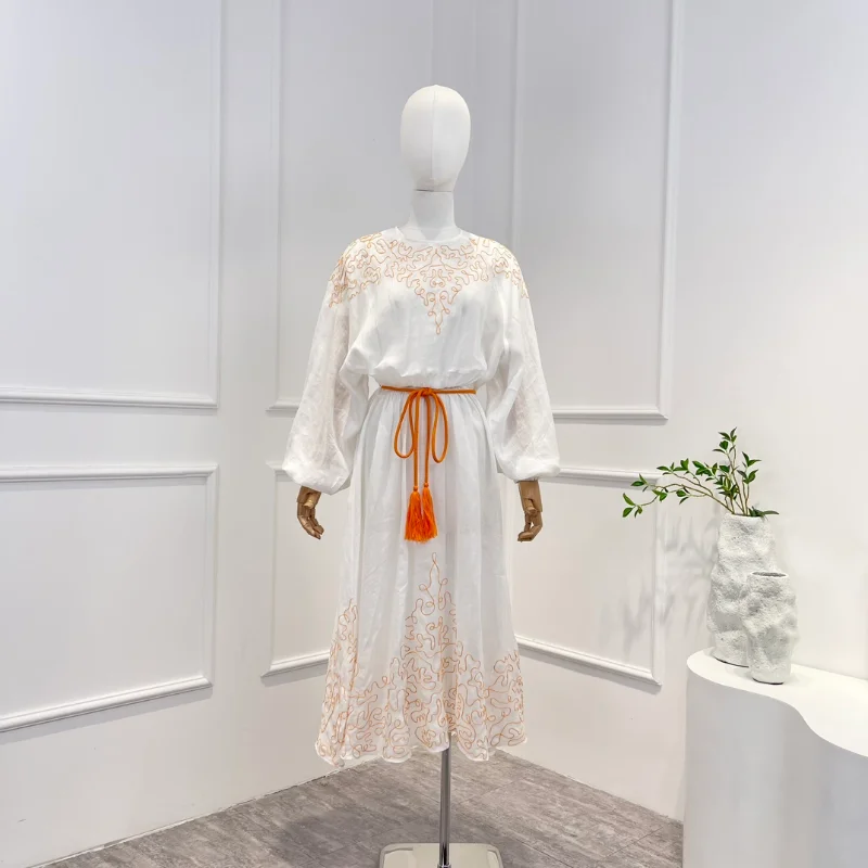 

Summer New Arrivals High Quality 2023 Bohemian Ramie O-Neck Embroidery Print Loose Mid-Calf Women Dress for Holiday