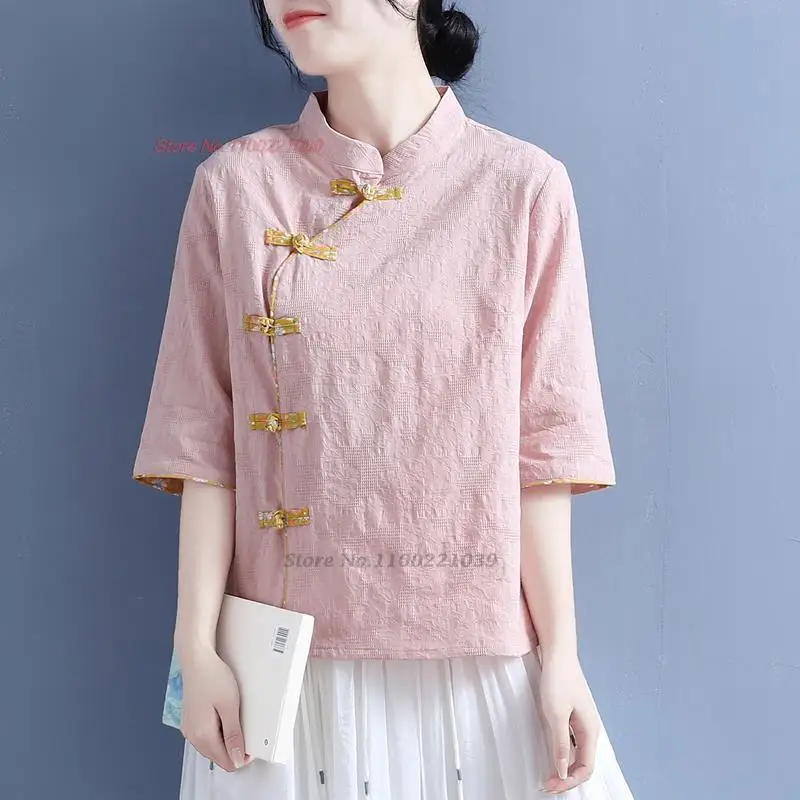 

2023 chinese vintage qipao blouse women ethnic zen shirt national cotton linen jacquard loose blouse oriental tea service blouse