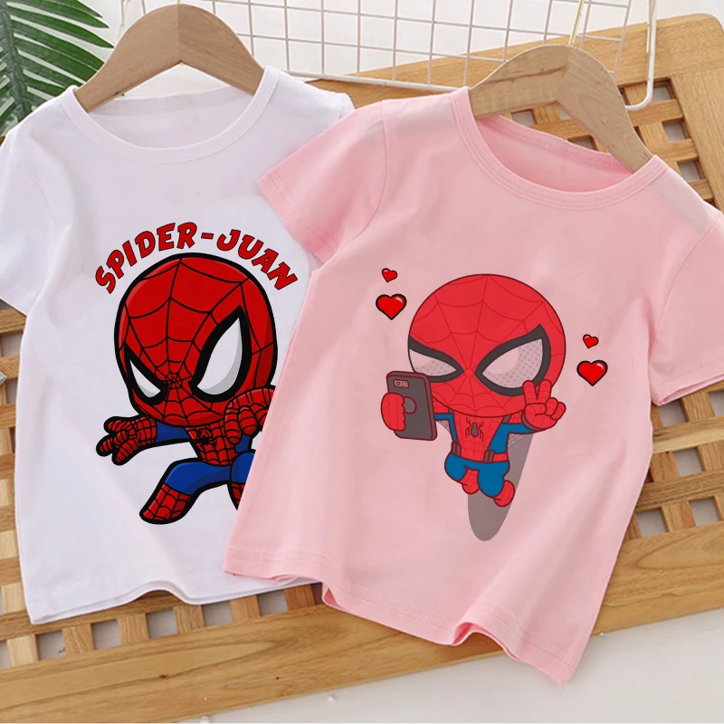 

Marvel T Shirt Spiderman Super Hero Cartoon Summer T-shirts Kids Clothes Girls Boy Clothes Outdoor Pink White Short Sleeve Tee