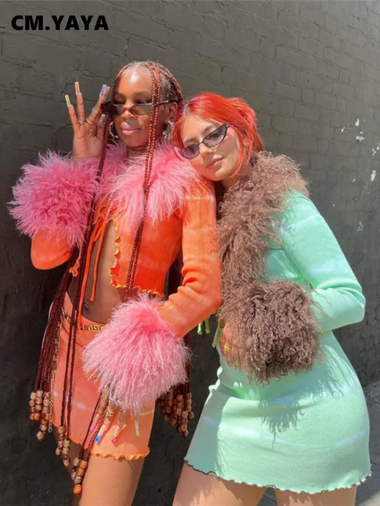 

Женский комплект из 2 предметов с юбкой CM.YAYA, трикотажный топ с воротником-стойкой и длинным рукавом и мини-юбка средней длины