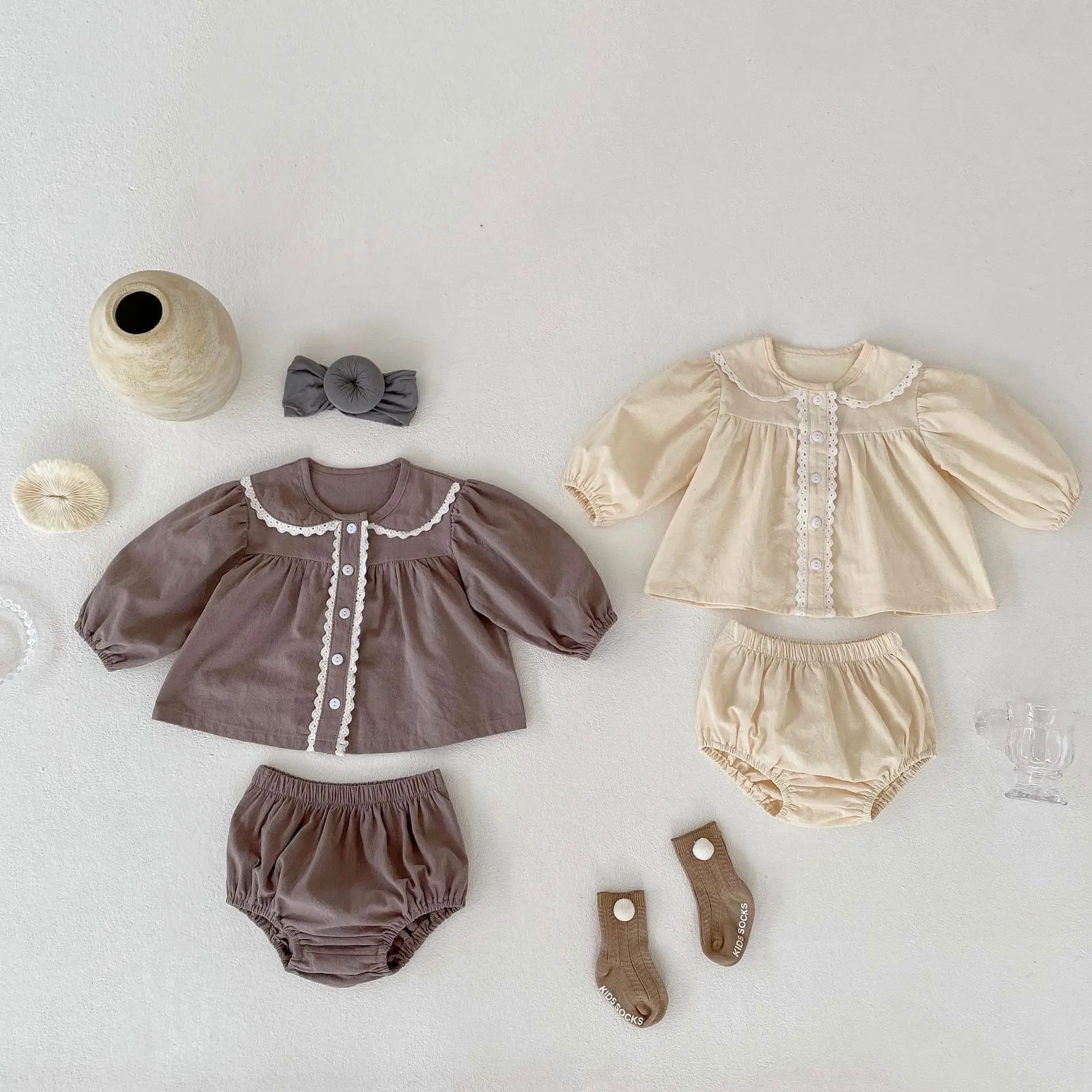 

Baby Newborn Clothes For Autumn Baby Girl Cotton Long Sleeve Shirt Top + Bottom Shorts Sweet Lace Button Outfits