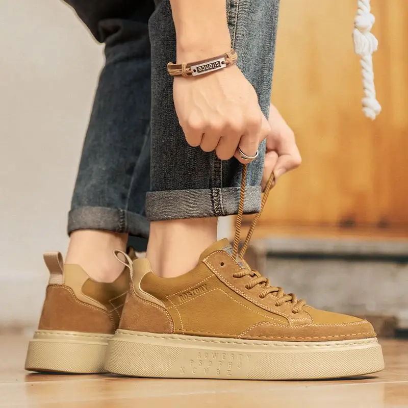 Mid-Top Men's Shoes Autumn and Winter Versatile Trendy Board White Bottom Black Noodles Thick ...