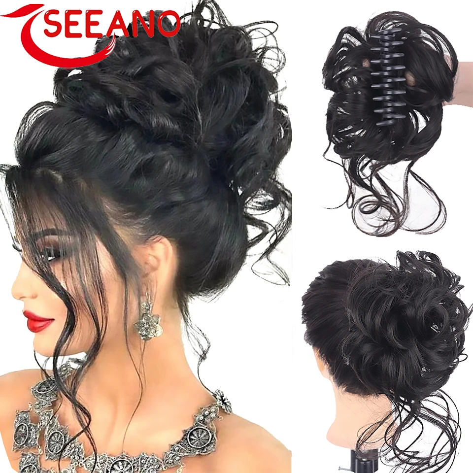 SEEANO Synthetic Claw Chignon Curly Hair Bands Messy Bun Hairpiece for Women Scrunchy Natural Fake False Hair