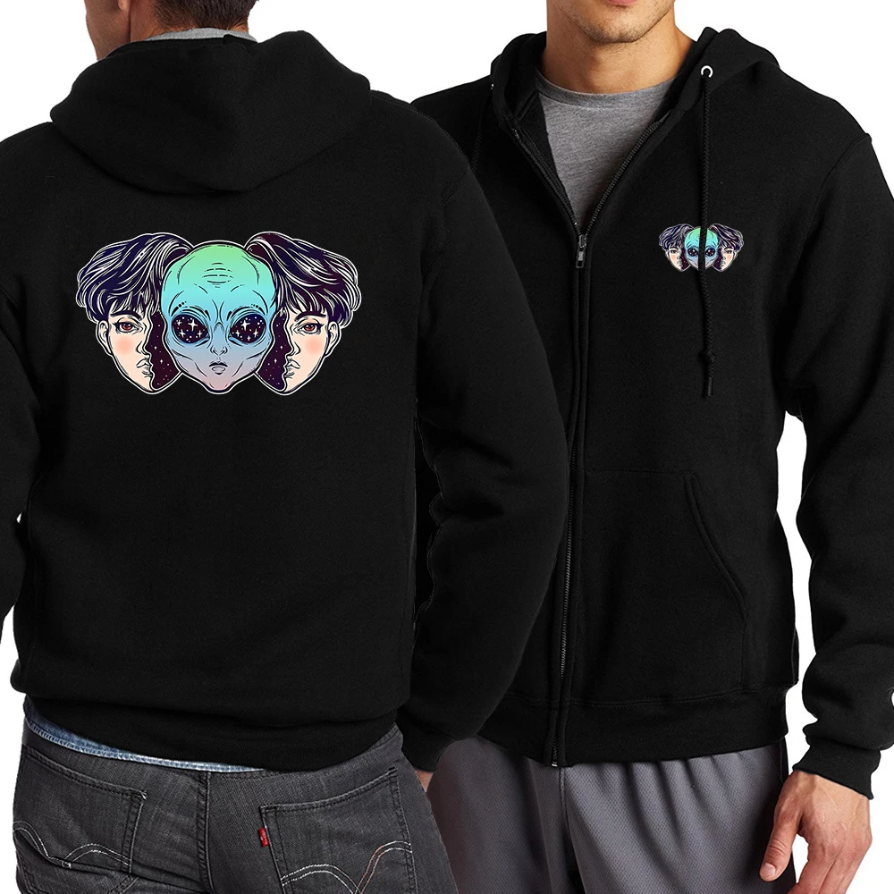 

Alien Disguised As Boy Print Mans Zipper Long Sleeves Autumn Warm Menswear Pocket Cartoons Hoody Crewneck Casual Male Sweatshirt