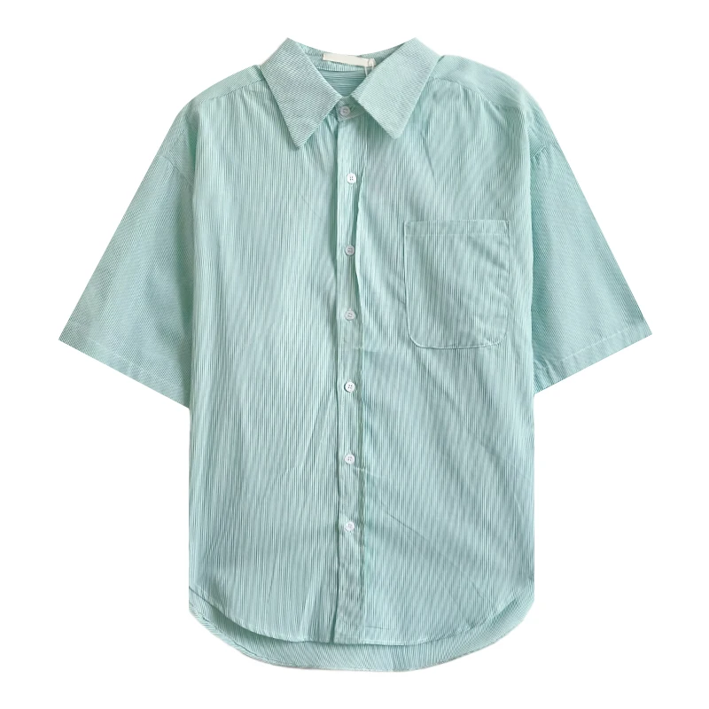 

Korean style green striped lapel loose and casual all-match short-sleeved shirt