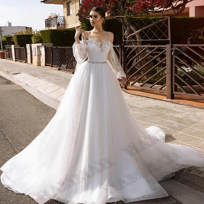 

HAMMAH Sparkly Puff Sleeves Wedding Dresses Customised Lace Appliques Sposa Vestidos Bride Party Gown Robe De Mariée Engagement