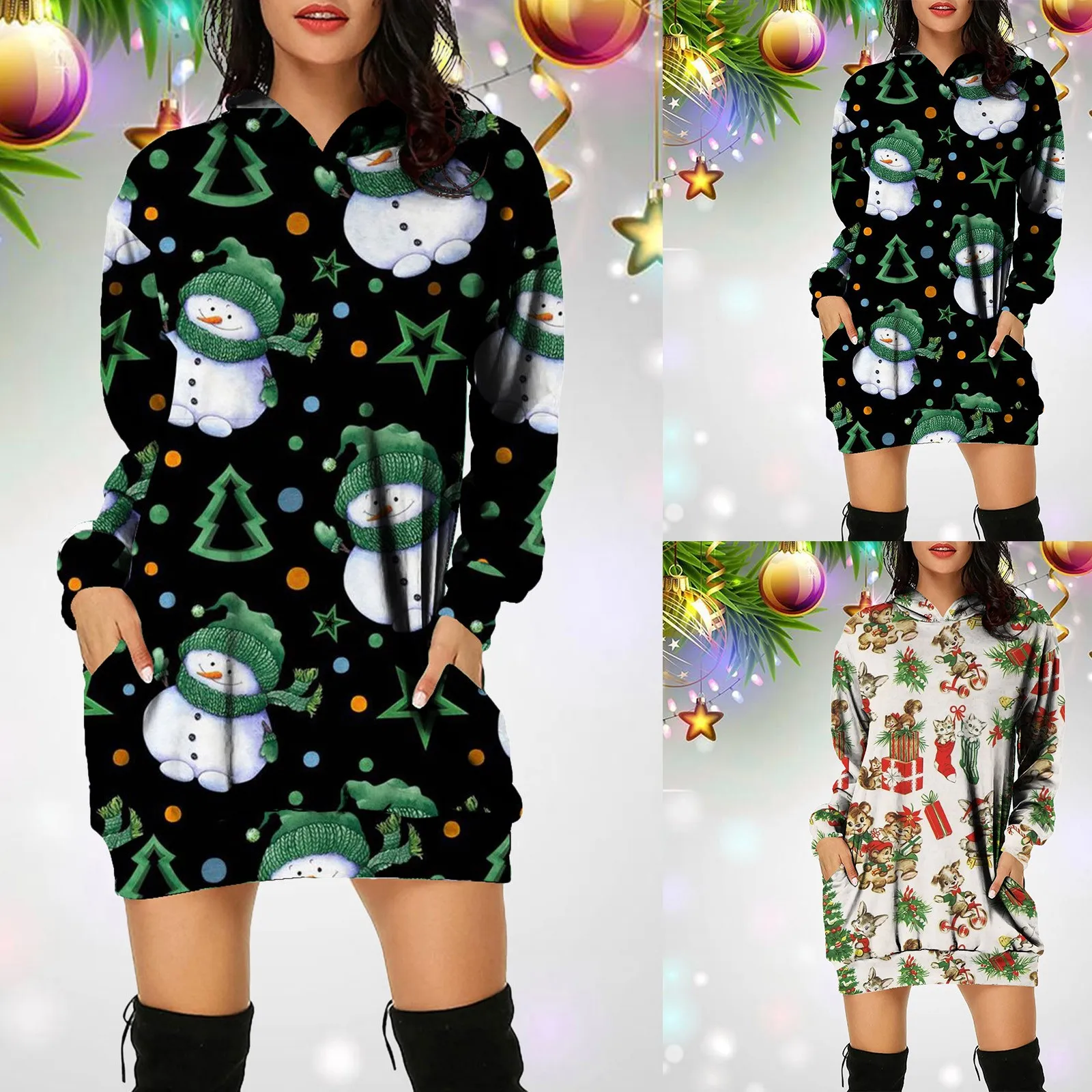 

Женские зимние толстовки и толстовки с капюшоном, Женский пуловер, женский модный пуловер с принтом рождественской елки, Женский Средний пу...