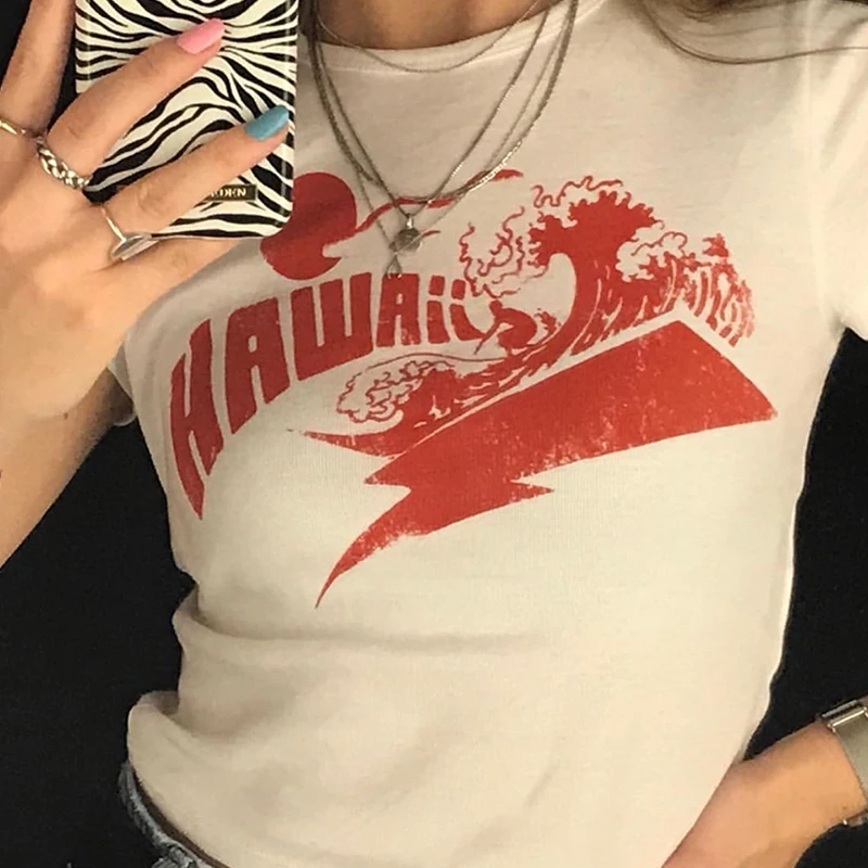 

2000s Vintage Graphic Print Short Sleeve T-Shirt Summer Casual Punk E-girl Slim Crop Top Y2k Grunge Sexy streetwear Women's Tee