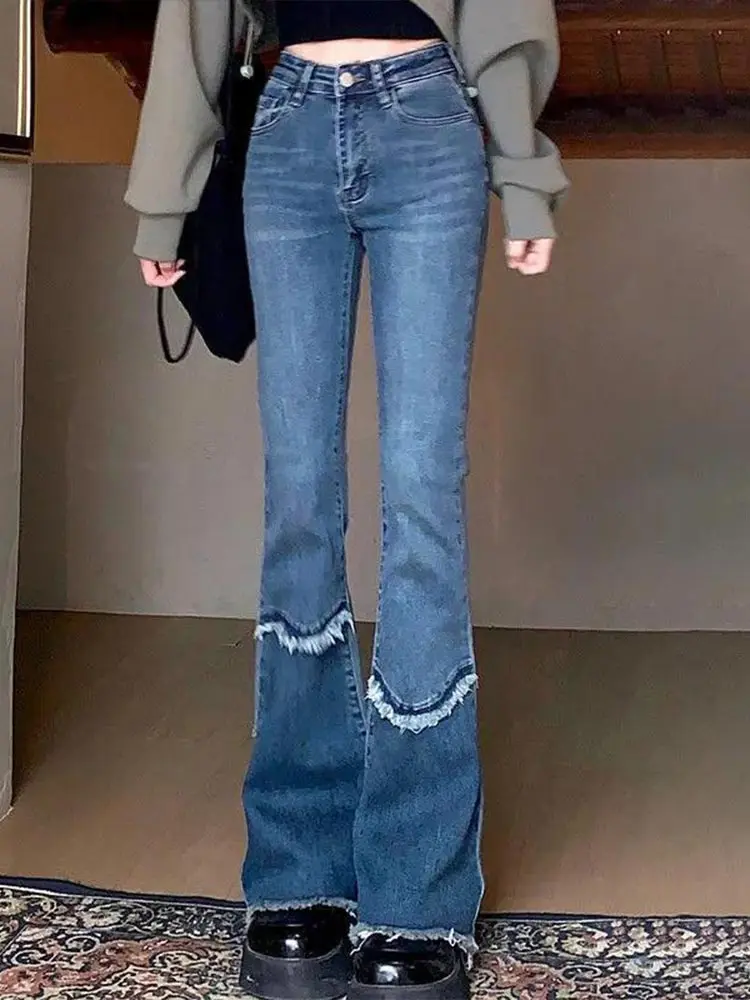 

2022 Spring Autumn Female Wide Leg Pants Retro Harajuku Streetwear Denim Trousers Women High Waist Tassel Micro Flare