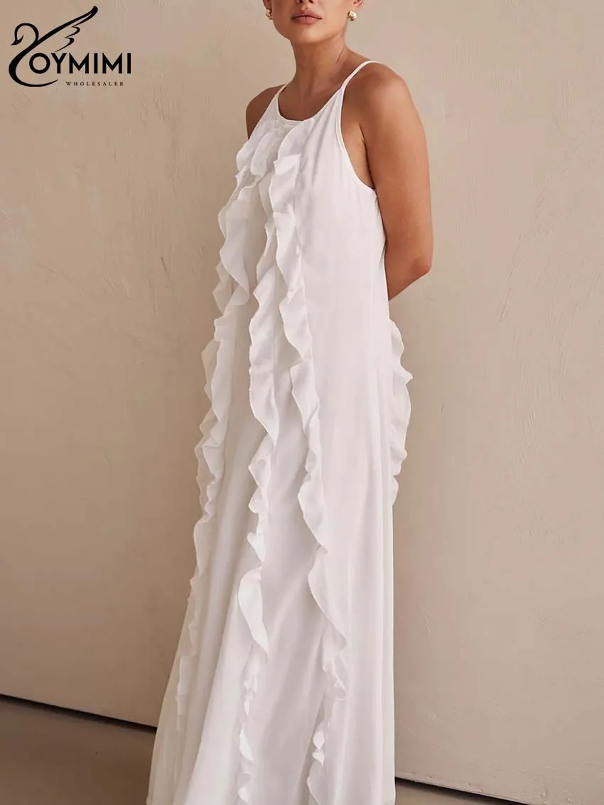Oymimi повседневные белые платья с рюшами 2024 женские модные без рукавов на тонких