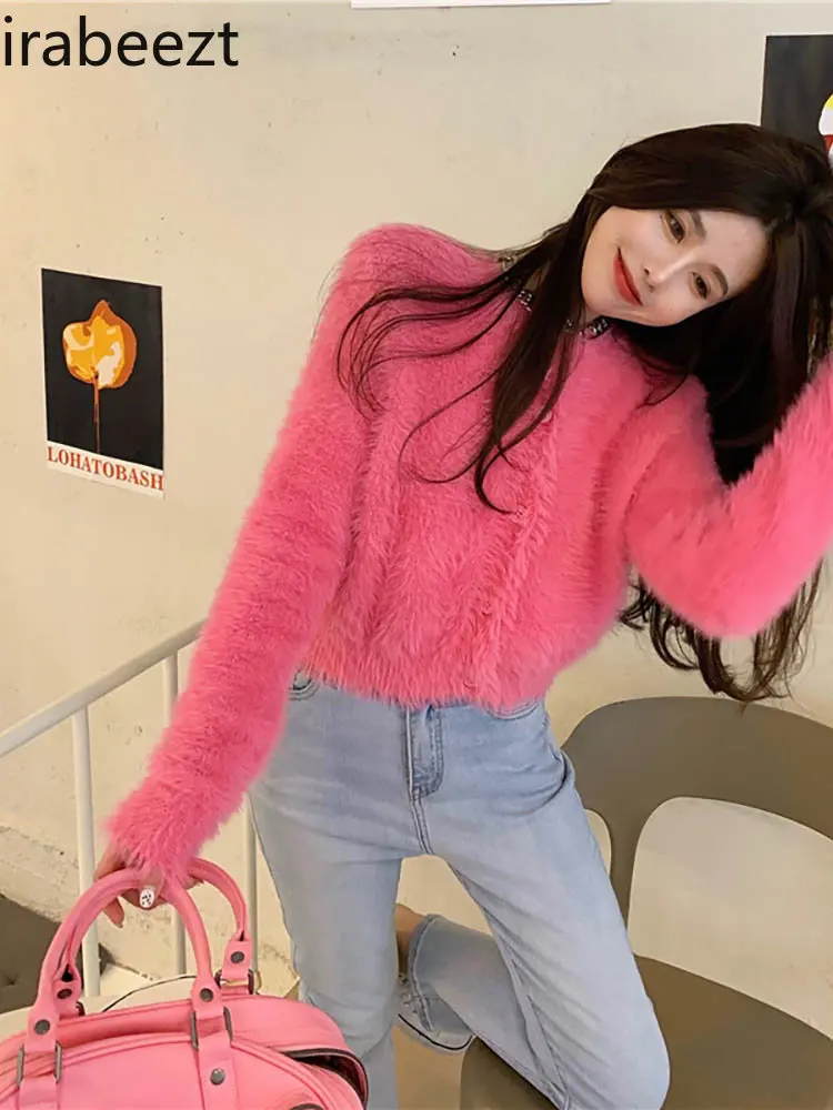 

Осенний женский свитер Irabeezt, кардиганы с круглым вырезом, однотонный вязаный розовый кардиган, Свободный Повседневный модный свитер в Коре...