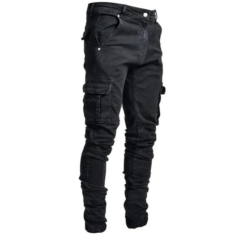 Men's Jeans Streetwear Pants Multi-Pocket Black Slim Small Foot Casual Trousers Blue High-Quality Cargo Pants Men