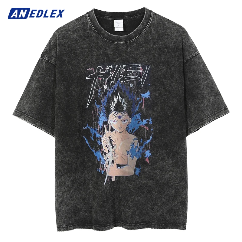 

Harajuku Cotton Tops Men Hip Hop Streetwear Japanese Anime Print T Shirt Vintage Oversized T-Shirt Summer Short Sleeve Black Top