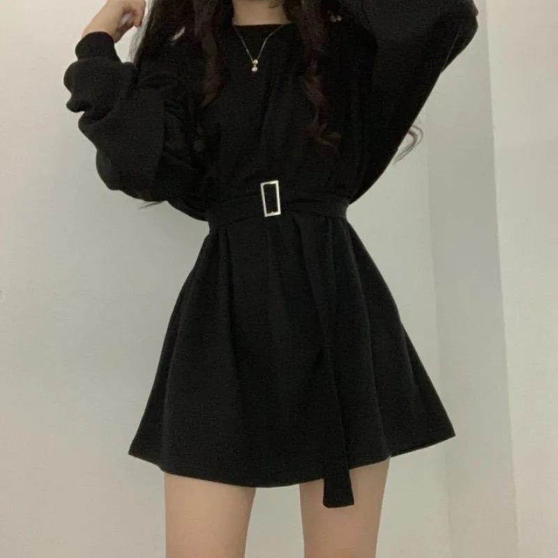 

Women Fashion Spring and Autumn Long-sleeved High Waist Solid Sweater Dress Korean Plus Size Casual Dress Slimming Loose Dress