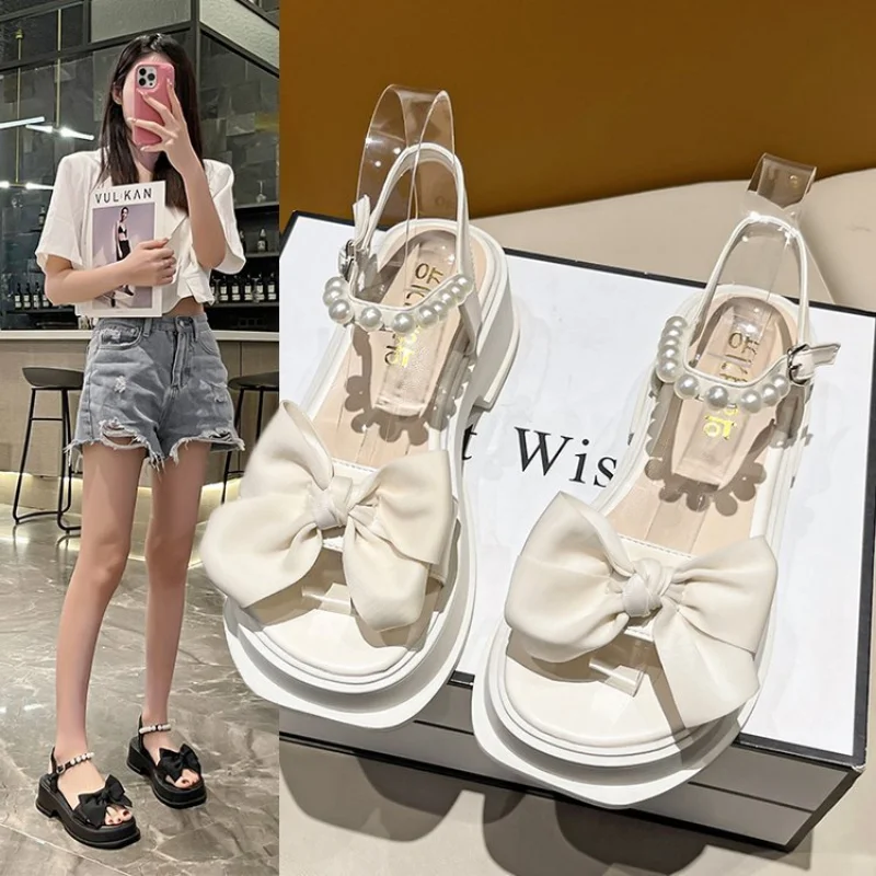 

Women's Casual Roman Sandals 2023 Summer New Fashion Thick Heel Bow Sandals Female Square Toe Fashion High Heel Women's Shoes
