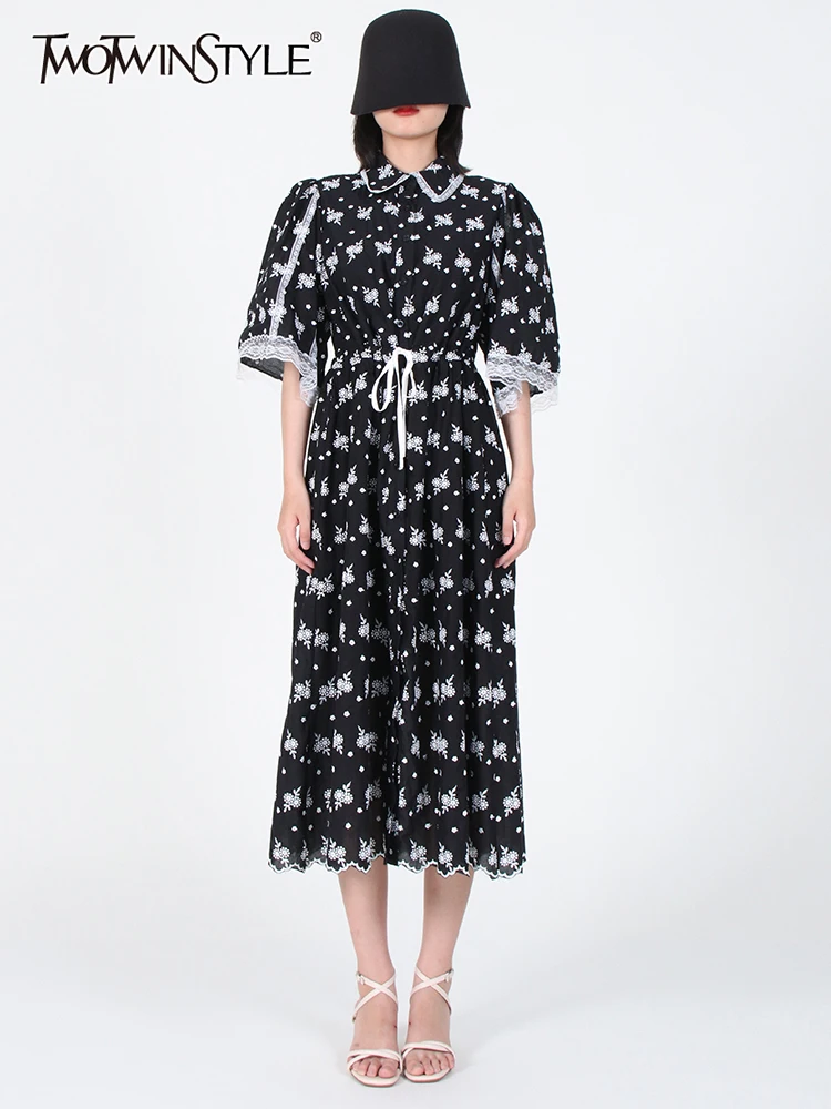 

TWOTWINSTYLE Vintage Print Dress For Women Lapel Collar Short Sleeve High Waist Lace Panel Midi Dresses Female Fashion Clothing