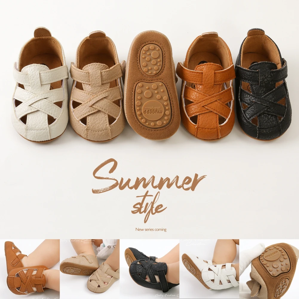

Baby Kids Sandals For Boy 2022 Summer PU Leather First Walkers Shoes Casual Fretwork TPR Toddler Flats Shower Gifts