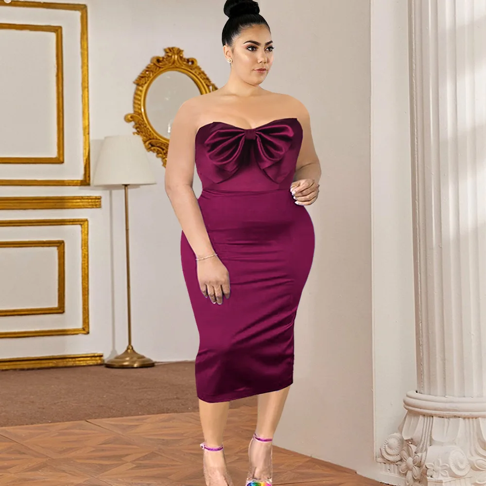 

Evening Party Dress Women Elegant Sexy Strapless Backless Sleeveless Patchwork Bowtie Slim Bodycon Dress Ladies Pencil Dress