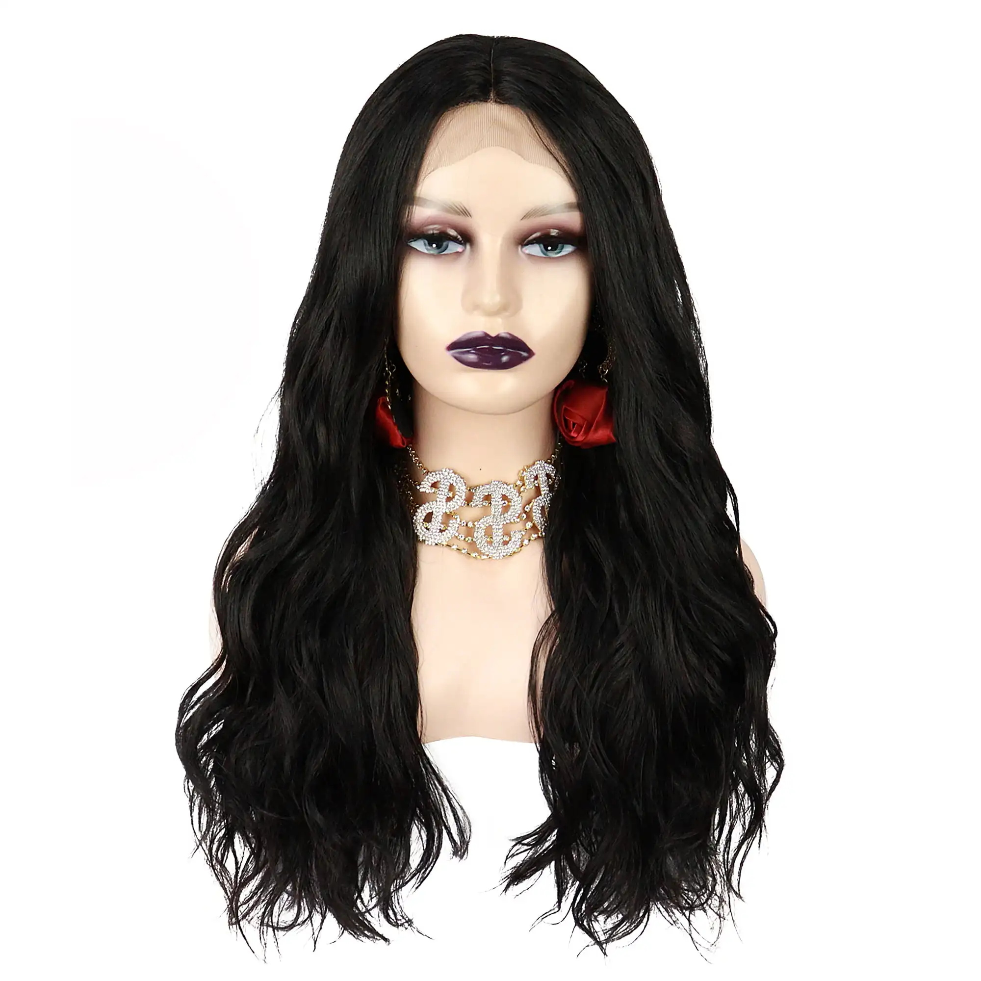 

Уникальные парики на сетке спереди, длинные волнистые волосы для девочек, черные, 24 дюйма, синтетическое волокно с расческой