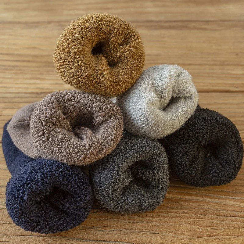 Winter Thick Warm Men's Wool Socks Solid Color Casual Plus Velvet Cold-proof Cashmere Snow Mens Socks 5 Pair