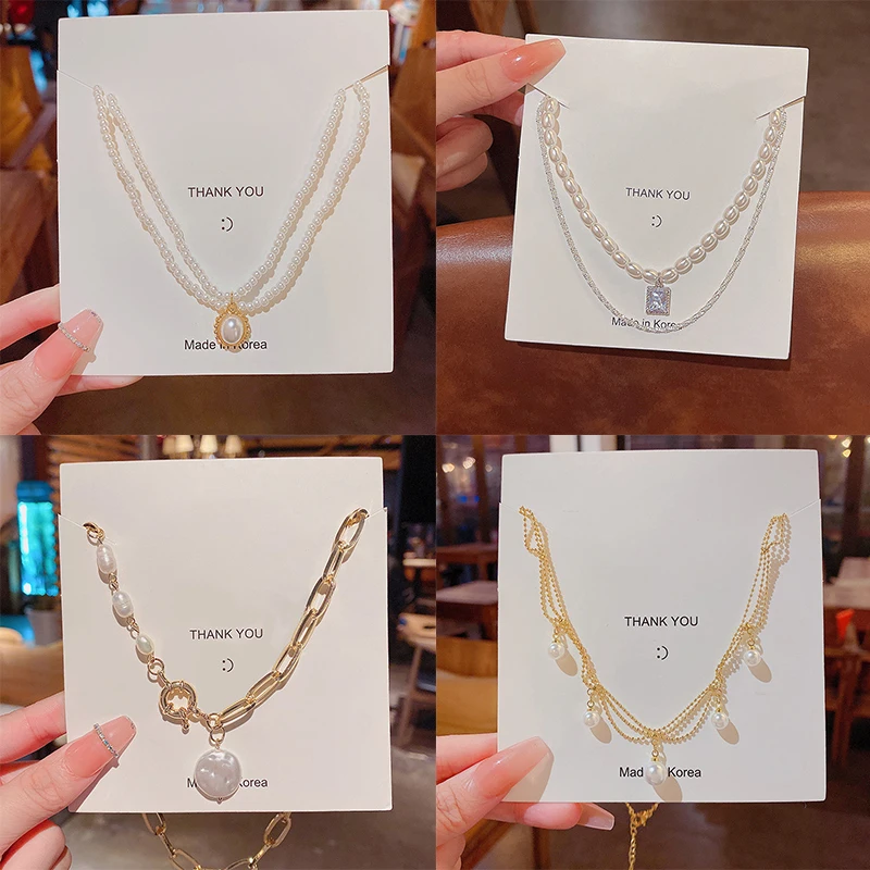 

Korean Gold Baroque Pearl Heart OT Buckle Pendant Necklace for Women Wedding Bridal Bead Chain Neck Accessories