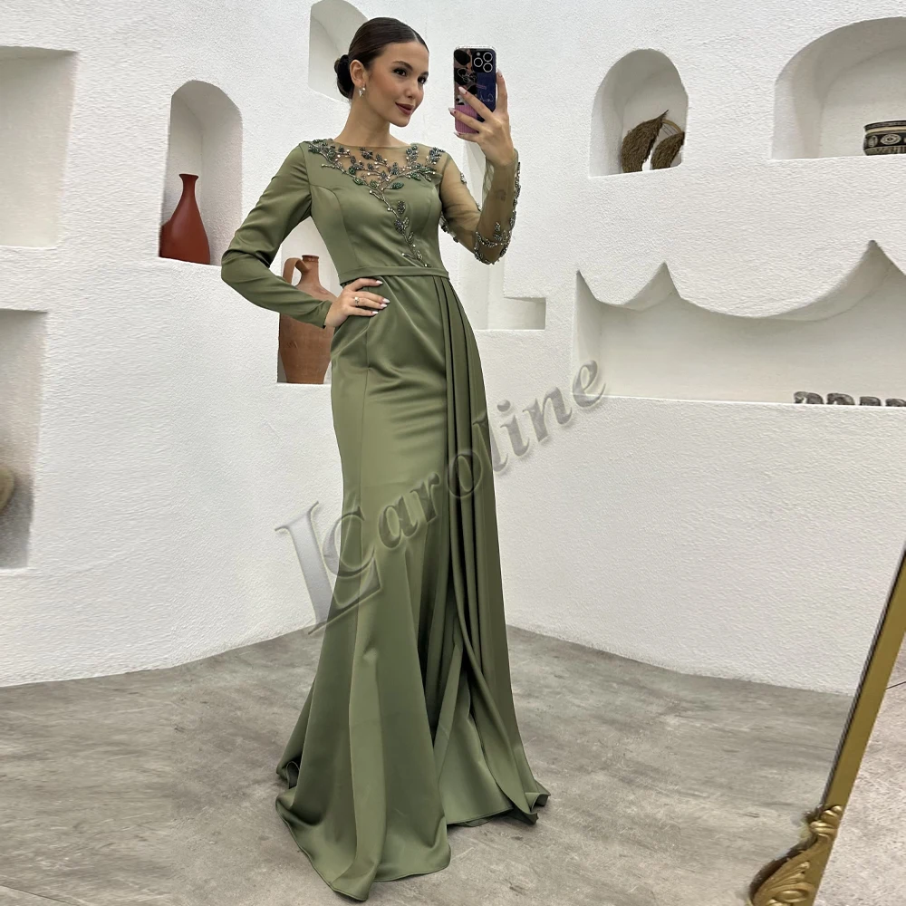 

Caroline Satin Olive Elegant Trumpet Beading Crystals Scoop Evening Gowns Pleat For Women Custom Made Robe De Stretch Prom Party