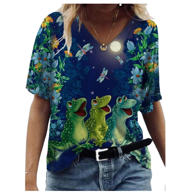 

Oversized Ladies Tops Summer Short Sleeve V-Neck Loose Plus Size Casual Streetwear T Shirt Women Animal Frog Print Tee 2021 New