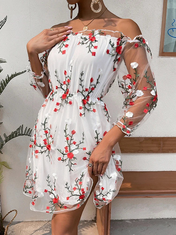 

Sexy Summer Women See-through Sleeved Mesh Dress 2022 Patchwork Mini A-line Dress Retro Floral Print Strapless Lady Party Dress