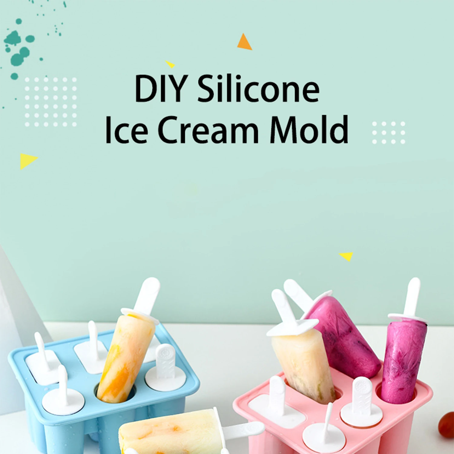 

Food Safe Silicone Ice Cream Molds 4 Cell Frozen Ice Cube Molds Popsicle Maker DIY Homemade Freezer Lolly Mould With Free Sticks