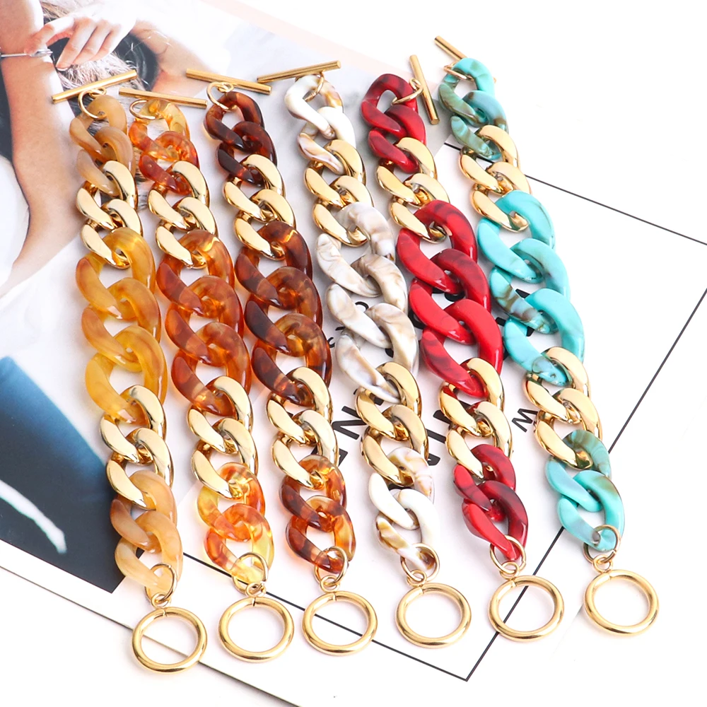 

Vintage Bohemia Metal Acrylic Splicing Bracelets Resin Toggle Cuban Chain Statement Bracelet Bangles Wristband Jewelry for Women