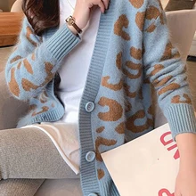 2022 Autumn Winter Knitted Leopard Sweaters Women Korean V Neck Thick Print Cardigan Coat Loose Button Outwear Tops