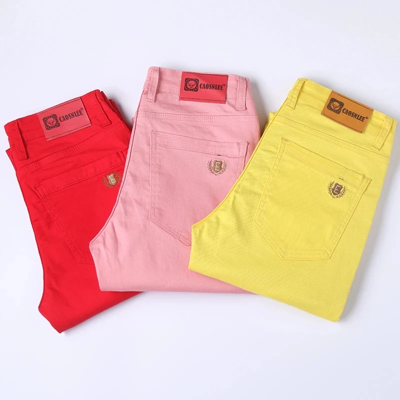 

Новинка 2023, мужские джинсы в классическом стиле, деловые модные облегающие прямые джинсовые брюки стрейч розового, красного, желтого цветов, мужские Брендовые брюки