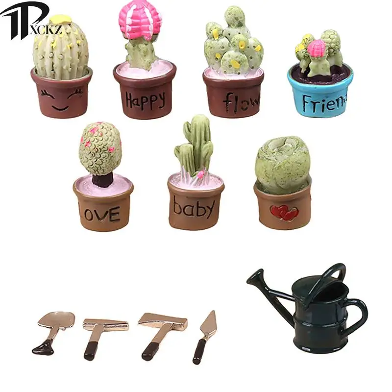 1Set Dollhouse Miniature Succulent Potted Plants Shovel Ax Sprinkler Bucket Gardening Tools Decorative Dollhouse Accessories