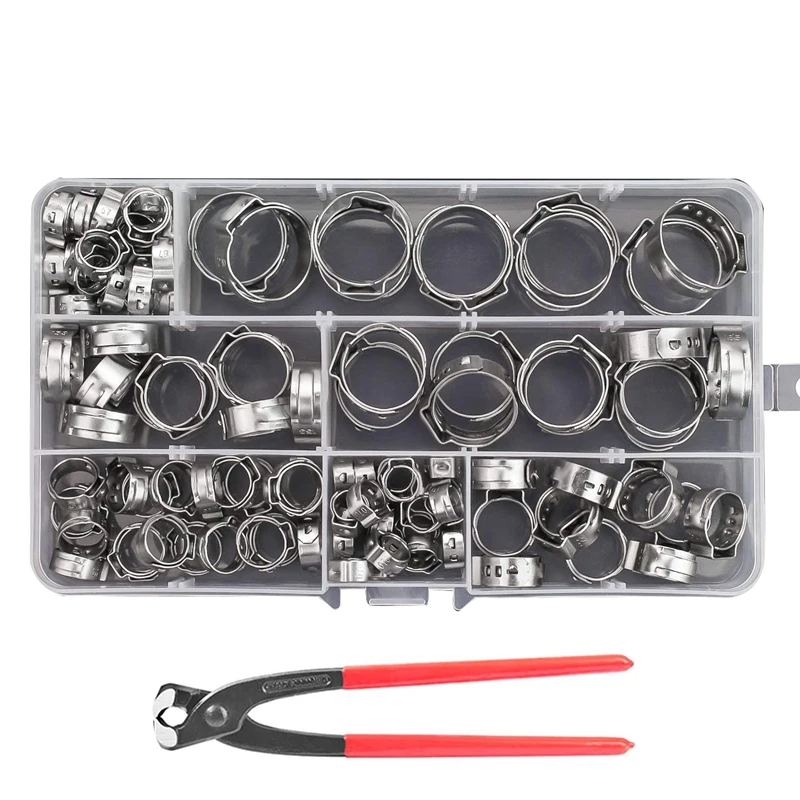 

100 Pieces 304 Stainless Steel Single Ear Stepless Hose Clamps With Pincers Kit