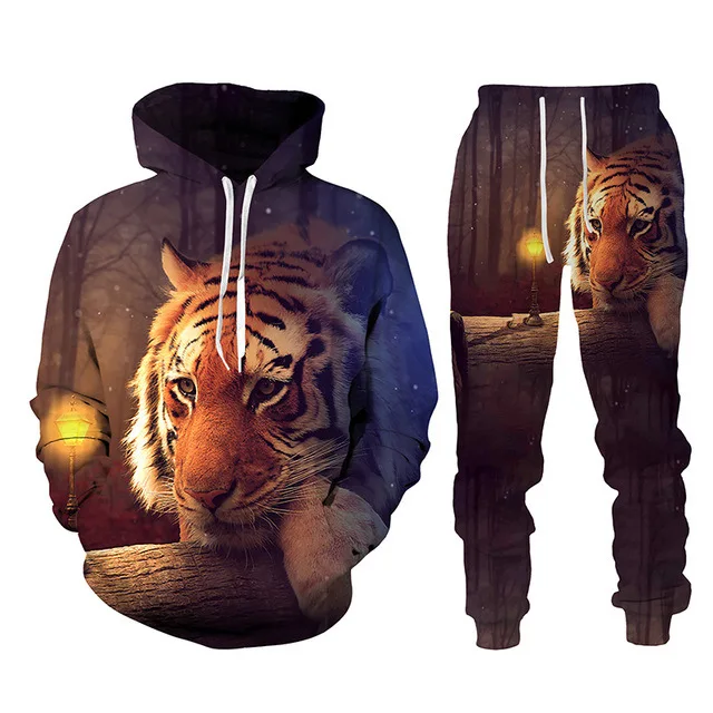 Hoodie Tracksuit Suit Long Sleeve Lion Print Men Spring And Autumn 2-Piece Set Oversized Pant Street Jogger Clothing