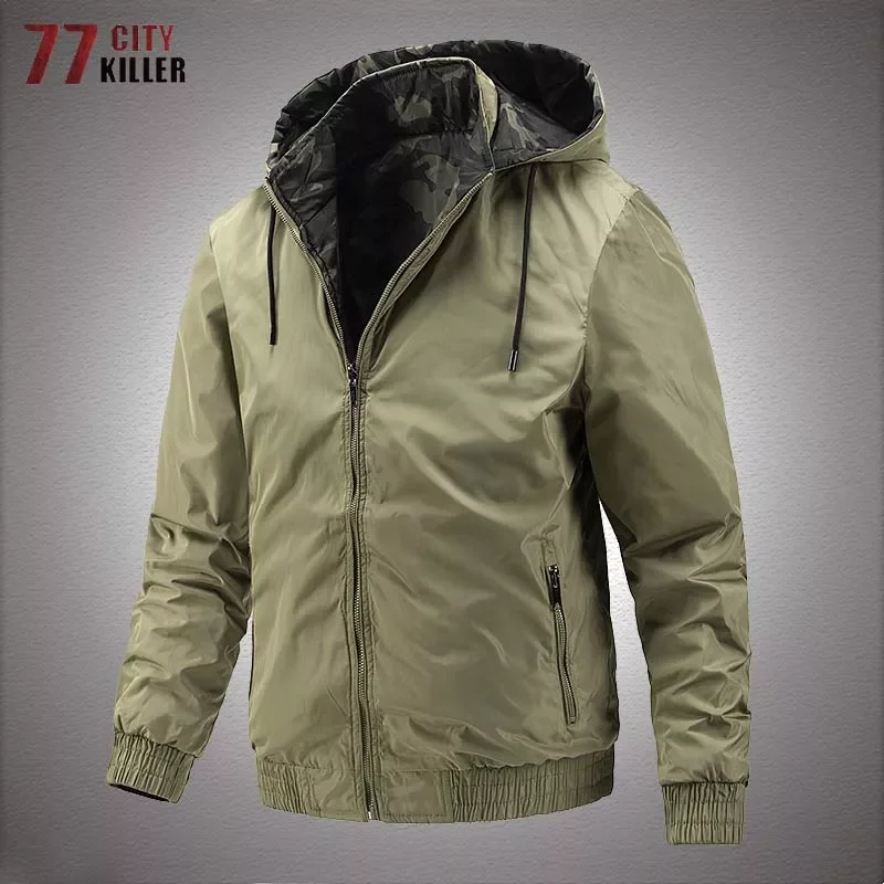 

2023NEW Hooded Cargo Jacket Men Outdoor Camouflage Casual Double-Wear Windbreaker Jackets Mens Bomber Coats Jaqueta Masculina