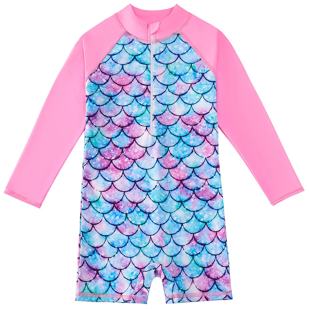 

2023 Summer Infant Baby Girls Rash Guard Set Long Sleeve Mermaid Shorty Swimsuit with Zipper