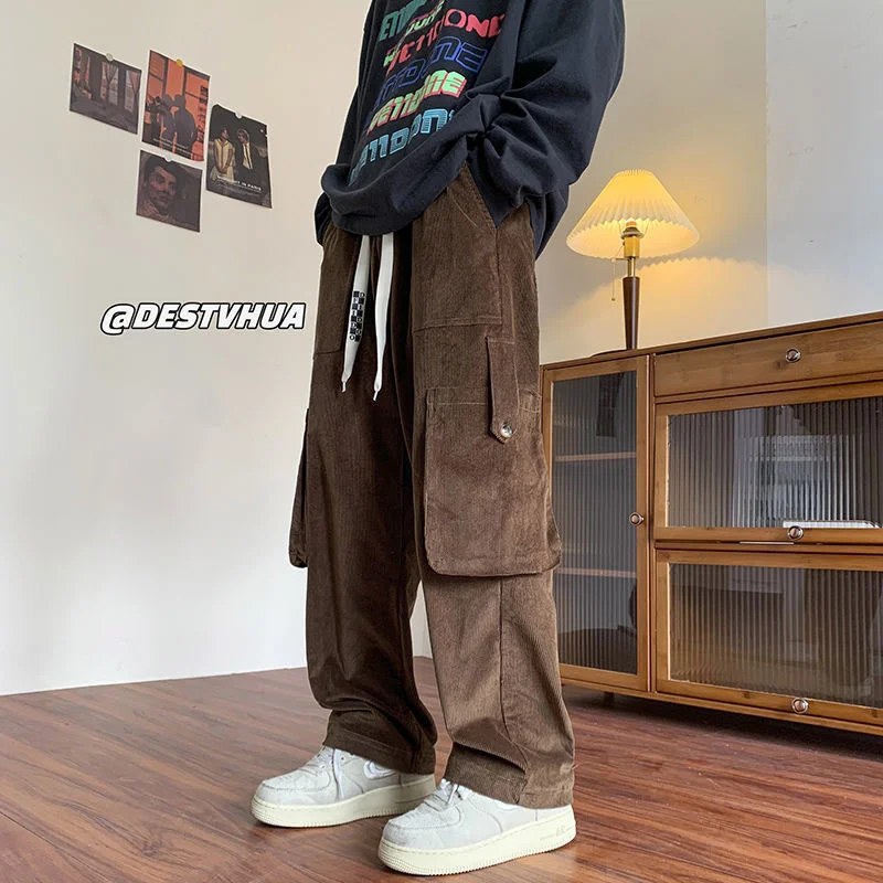 

Autumn Corduroy Pants Men Fashion Casual Pocket Cargo Pants Men Streetwear Hip Hop Loose Straight Pants Mens Oversized Trousers