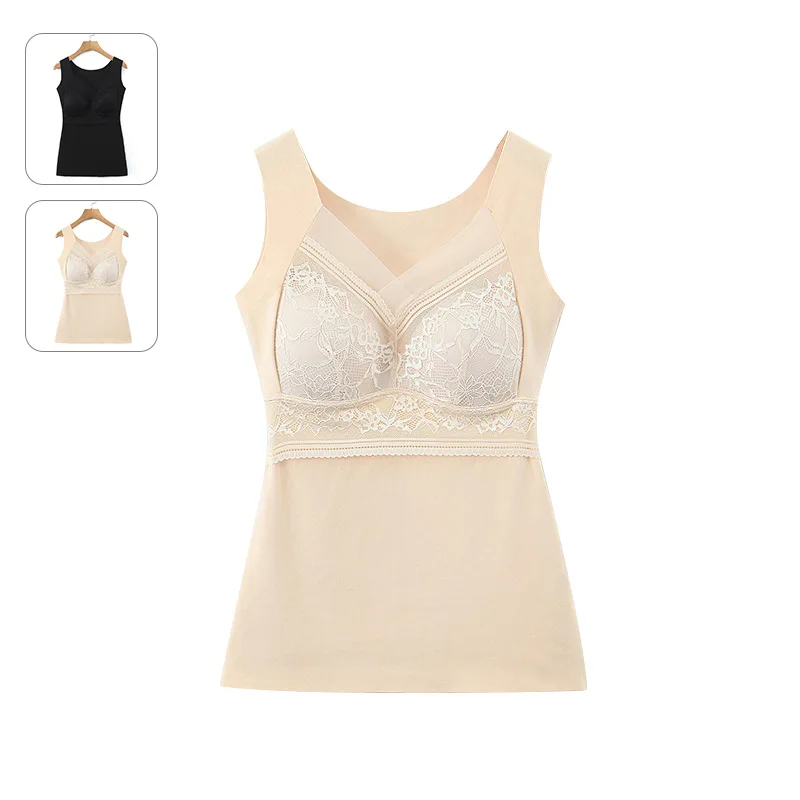 

100KG Хорошее Качество Теплый Танк Топ Для Женщин 2022 Осень Зима Кружева Фиксированный Кубок TWO SIDE BRUSHED FLEECE Нижнее Белье N8492